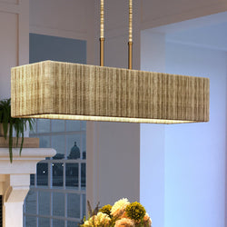 An Urban Ambiance pendant light, specifically the UEX2086 Bohemian Chandelier 9''H x 40''W with a Satin Brass Finish from the Rutherford Collection, hanging