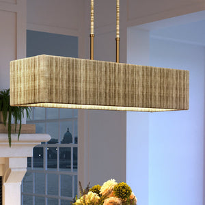 An Urban Ambiance pendant light, specifically the UEX2086 Bohemian Chandelier 9''H x 40''W with a Satin Brass Finish from the Rutherford Collection, hanging