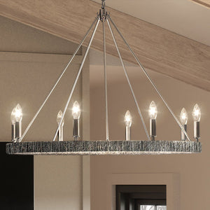 A beautiful Urban Ambiance UEX2090 Bohemian Chandelier 32''H x 36''W, Polished Nickel Finish, Rutherford Collection hanging in a living room.
