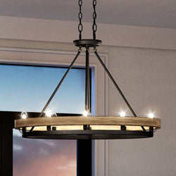 An Urban Ambiance UEX2102 Rustic Chandelier with a unique Matte Black Finish, Burlington Collection hanging over a window.
