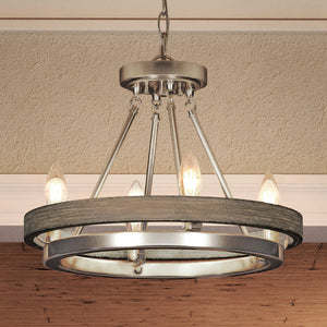 A gorgeous and unique lamp, the Urban Ambiance UEX2104 Rustic Chandelier with a Satin Nickel Finish from the Burlington Collection enhances the charm of a room with a wooden ceiling.