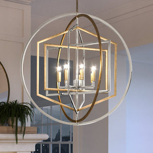 A unique luxury lighting fixture, the UEX2142 Lux Industrial Chandelier from the Princeton Collection by Urban Ambiance hangs over a fireplace.