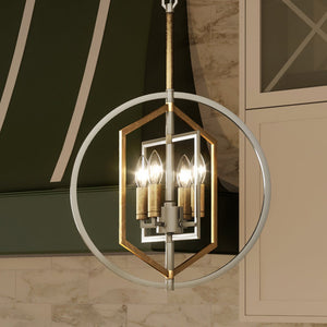 A luxurious kitchen with a UEX2143 Lux Industrial Pendant 15''H x 15''W, Polished Nickel & Gold Leaf Finish, Princeton Collection lighting fixture hanging over the counter by Urban