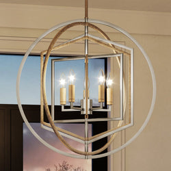 A unique and luxurious Urban Ambiance UEX2144 Lux Industrial Chandelier 30''H x 27''W, Polished Nickel & Gold Leaf Finish, Princeton Collection with a circular shape.
