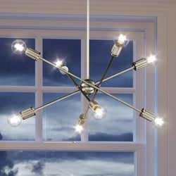 A gorgeous UEX2166 Mid-Century Modern Chandelier with six lights in front of a window.