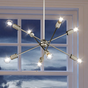 A gorgeous UEX2166 Mid-Century Modern Chandelier with six lights in front of a window.