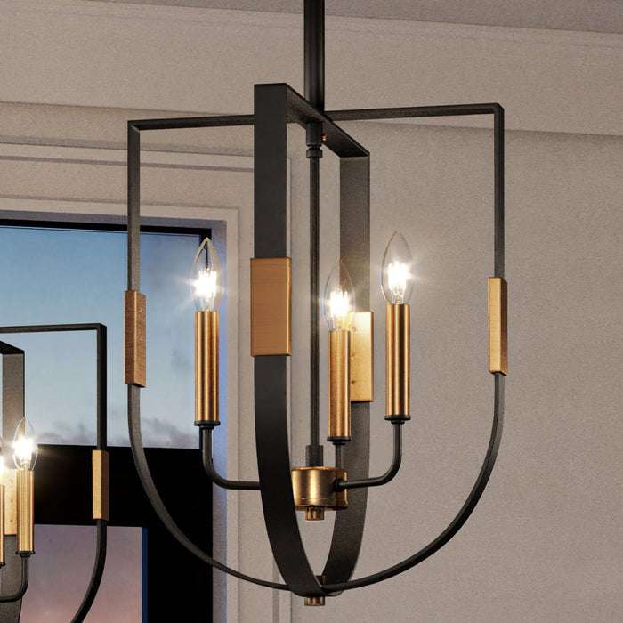UEX2173 Lux Industrial Chandelier 17''H x 14''W, Matte Black & Satin Brass Finish, Bellevue Collection