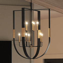 A unique lighting fixture, the UEX2174 Lux Industrial Chandelier from the Bellevue Collection by Urban Ambiance adds a touch of luxury to any living room with its Matte Black & Satin Brass