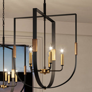 A unique lighting fixture, the UEX2177 Lux Industrial Chandelier 25''H x 20''W, with a matte black & satin brass finish from the Bellevue Collection by Urban Amb