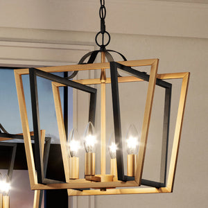 An Urban Ambiance UEX2181 Lux Industrial Chandelier with a gorgeous Matte Black & Satin Brass Finish, Clayton Collection, featuring three unique hanging lights.