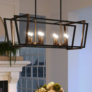 A unique dining room with the Urban Ambiance UEX2183 Lux Industrial Chandelier 12''H x 36''W, Matte Black & Satin Brass Finish, Clayton Collection hanging over a