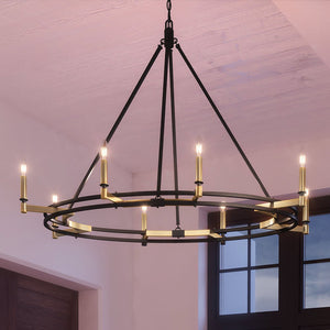A luxury UEX2192 Lux Industrial Oval Chandelier in an Oil Rubbed Bronze & Satin Brass Finish, Stillwater Collection by Urban Ambiance, adding a gorgeous touch to a living