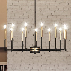 A luxurious UEX2200 Lux Industrial Chandelier hanging over a unique brick wall.
