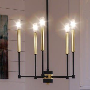 A unique and beautiful light fixture, the UEX2201 Lux Industrial Chandelier, adds elegance to a dining room with its black and gold design from the Bloomington Collection by Urban Ambiance.