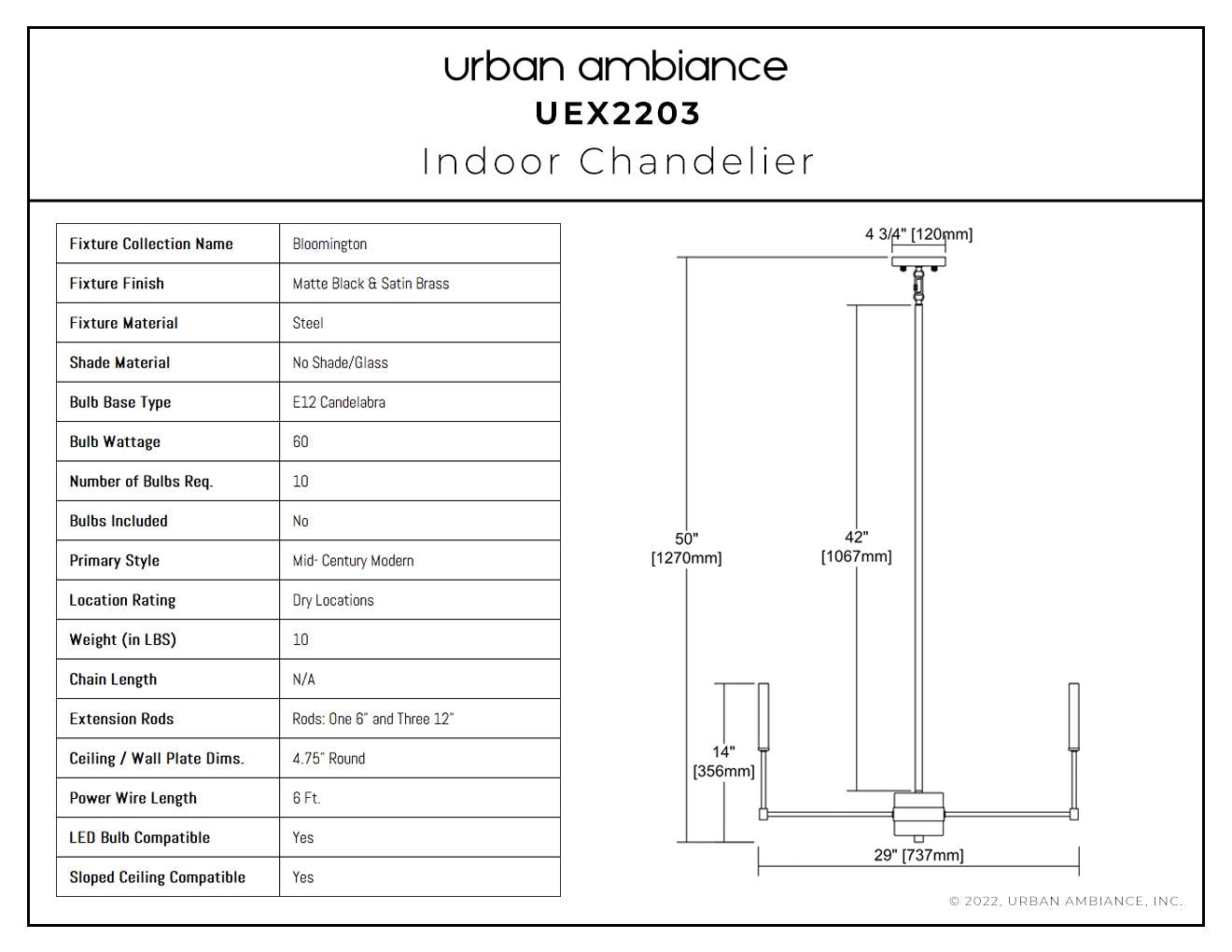 UEX2203 Lux Industrial Chandelier 14''H x 29''W, Matte Black & Satin Brass  Finish, Bloomington Collection