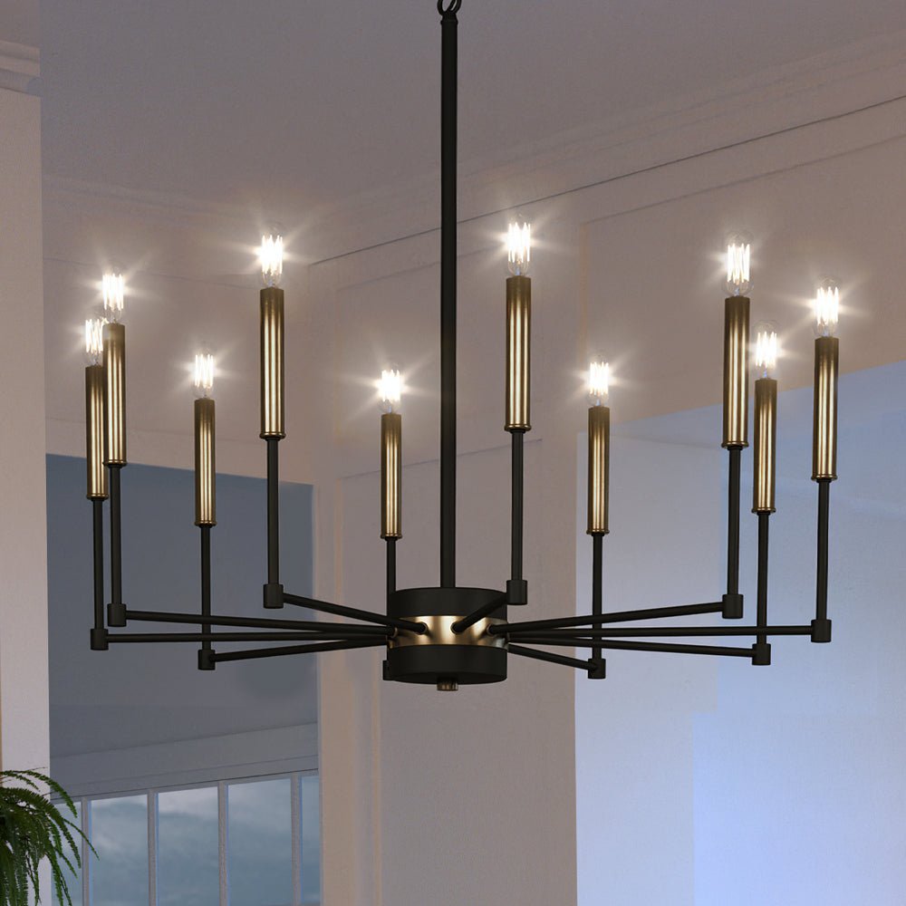 UEX2203 Lux Industrial Chandelier 14''H x 29''W, Matte Black & Satin Brass Finish, Bloomington Collection