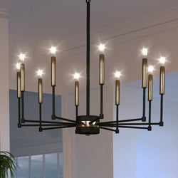 A gorgeous UEX2203 Lux Industrial Chandelier 14''H x 29''W, Matte Black & Satin Brass Finish, Bloomington Collection by Urban Ambiance in a living room.