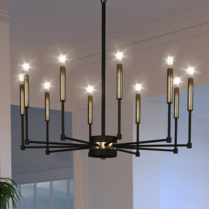 A gorgeous UEX2203 Lux Industrial Chandelier 14''H x 29''W, Matte Black & Satin Brass Finish, Bloomington Collection by Urban Ambiance in a living room.