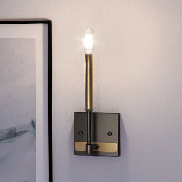 UEX2205 Luxe Industrial Wall Sconce 11''H x 5''W, Matte Black & Satin Brass Finish, Bloomington Collection