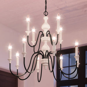 A luxury lighting fixture, the Urban Ambiance UEX2241 New Traditional Chandelier 28''H x 36''W with a Soft White & Black Finish from the Springfield Collection hangs