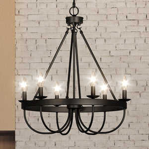 A unique lighting fixture, the UEX2271 New Traditional Chandelier 28''H x 25''W, with a black finish from the Abington Collection by Urban Ambiance, hanging over