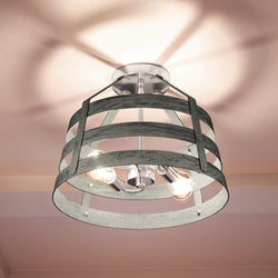 A unique and gorgeous UEX2290 Modern Farmhouse Ceiling Lamp with Satin Nickel Finish in a room with a gray ceiling.