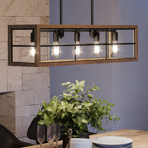 A dining room with a unique and luxury Urban Ambiance UEX2320 Industrial Lux Chandelier 11''H x 42''W, Oil Rubbed Bronze Finish, Lawrence Collection hanging over a