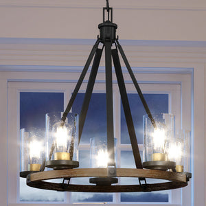 A unique UEX2351 Industrial Lux Chandelier 24''H x 25''W lighting fixture with four candle lights.