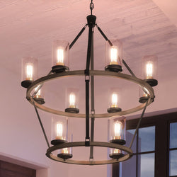 An Urban Ambiance UEX2352 Industrial Lux Chandelier 39''H x 36''W, Charcoal & Olde Brass Finish, Elwood Collection with a metal frame and glass bulbs