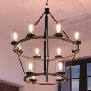 An Urban Ambiance UEX2352 Industrial Lux Chandelier 39''H x 36''W, Charcoal & Olde Brass Finish, Elwood Collection with a metal frame and glass bulbs