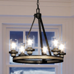 A unique lighting fixture, the Urban Ambiance UEX2370 New Traditional Chandelier features an Olde Iron finish and elegant glass lights, creating a luxurious ambiance in any space.