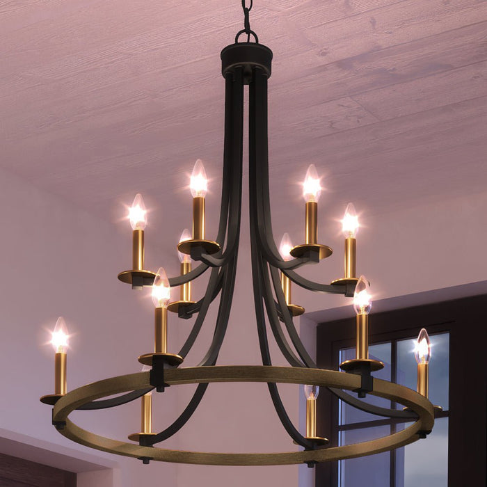 UEX2381 Luxe Industrial Chandelier 32''H x 32''W, Matte Black and Vintage Brass Finish, Freeport Collection