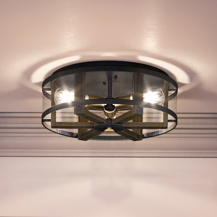 UEX2383 Luxe Industrial Ceiling Light 7''H x 17''W, Matte Black and Vintage Brass Finish, Freeport Collection