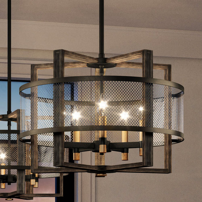UEX2384 Lux Industrial Chandelier 17''H x 22''W, Matte Black and Vintage Brass Finish, Freeport Collection