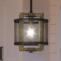 A UEX2385 Lux Industrial Pendant 12''H x 10''W, Matte Black and Vintage Brass Finish, Freeport Collection gorgeous lighting fixture hanging over a kitchen counter from Urban Ambiance