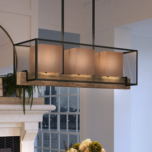A dining room with a unique lighting fixture - the UEX2393 Minimalist Chandelier 11''H x 35''W, Oil Rubbed Bronze Finish, from the Dixon Collection - hanging