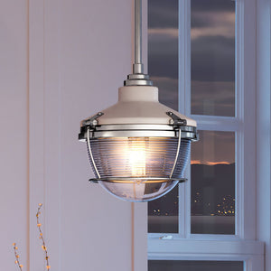 A gorgeous Urban Ambiance UEX2405 Lux Industrial Pendant lighting fixture, hanging over a window in a living room.
