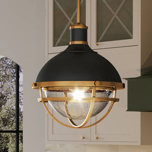 A unique and gorgeous UEX2420 Lux Industrial Pendant 18''H x 16''W, Matte Black & Satin Brass Finish from the Washington Collection by Urban Ambiance hanging over a kitchen
