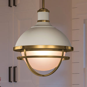 A beautiful and unique UEX2421 Lux Industrial Pendant 18''H x 16''W lamp hanging over a kitchen island.