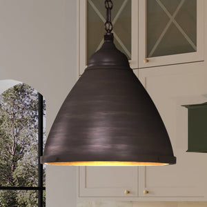 A unique 16''H x 15''W industrial pendant light from the Waterford Collection by Urban Ambiance hanging over a kitchen island.
