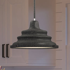 A unique UEX2490 Utilitarian Pendant 9''H x 14''W, Satin Nickel Finish, Hamden Collection hanging over a kitchen counter from Urban Ambiance.