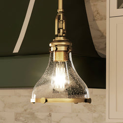 A kitchen with a unique and gorgeous lighting fixture, the Urban Ambiance UEX2514 New Traditional Pendant 13''H x 9''W, Satin Brass Finish, Vail