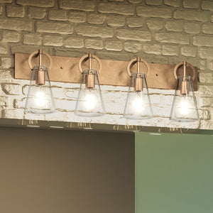 A unique and beautiful bathroom with a UEX2547 New Traditional Bath Light 10''H x 32''W, Native Brass Finish, Irvine Collection by Urban Ambiance and a brick