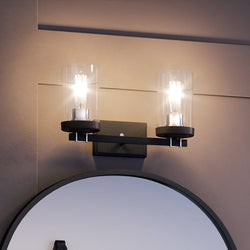 A beautiful bathroom mirror with two luxury Industrial Lux Bath Lights hanging above it.