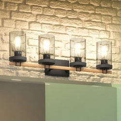 Four UEX2607 Urban Loft Bath Light 9''H x 28''W, Charcoal Finish, Hampton Collection bathroom fixture with a brick wall, by Urban Ambiance featuring a