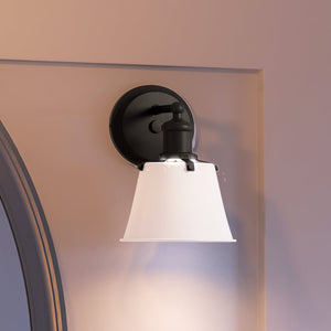 A unique UEX2640 Modern Farmhouse Wall Sconce with a gorgeous Charcoal Finish, Providence Collection, and white shade.