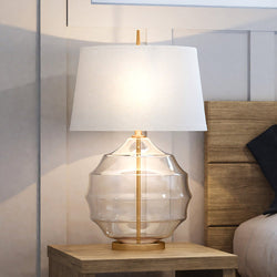 A unique bedside table from the Urban Ambiance Healdsburg Collection with a gorgeous UEX7400 Glam Table Lamp.