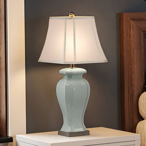 A luxury lighting fixture: a UEX7850 Traditional Table Lamp 15''W x 10''D x 29''H, Light Green Finish, Garrison Collection by Urban Ambiance.
