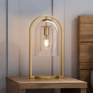 A beautiful UEX7960 Mid-Century-Modern Table Lamp 10''W x 8''D x 20''H, with an aged brass finish and a unique glass
