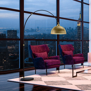 A beautiful living room with a unique view of a city, featuring the Urban Ambiance UEX8200 Mid-Century-Modern  Floor Lamp.